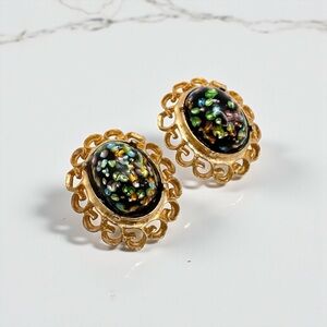 Vintage Gold Tone and Black Oval Confetti Glass Earrings